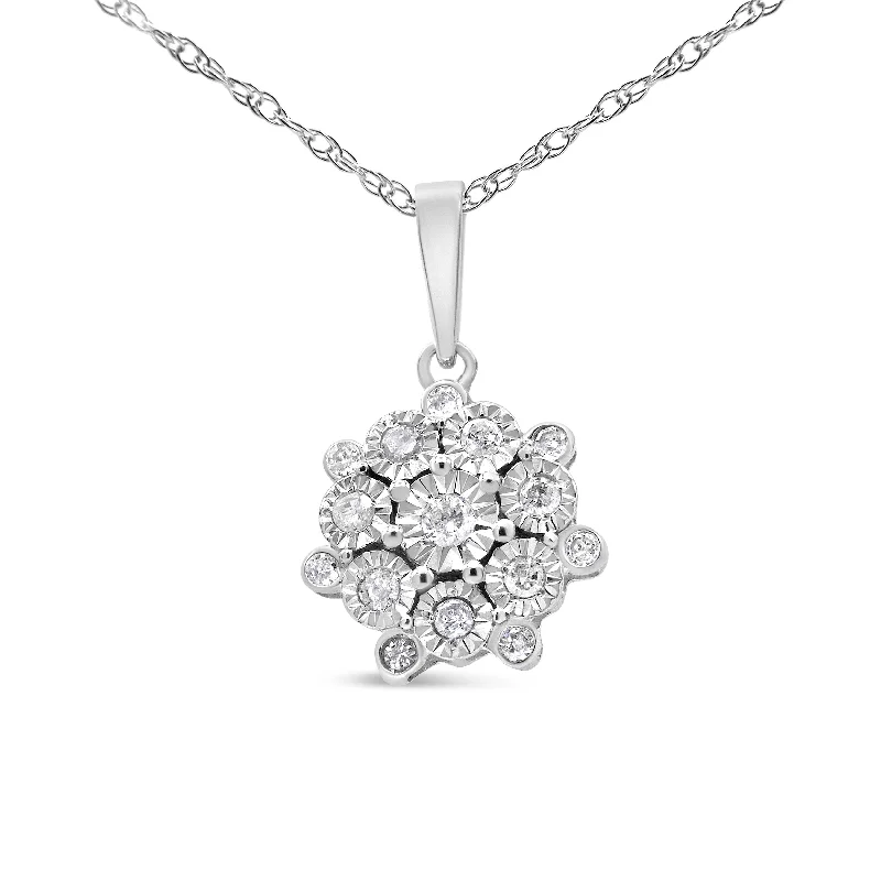 Stone-twisted necklaces-.925 Sterling Silver 1/4 Cttw Miracle Set Diamond Floral Cluster 18" Pendant Necklace for Women