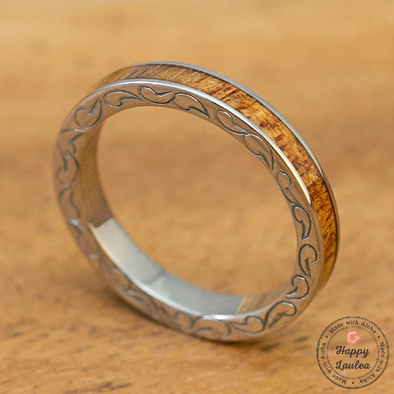 Ruby rings-Titanium 3mm Hand Engraved Side Scroll Ring with Koa Wood Inlay, Standard Fitment, Flat Style