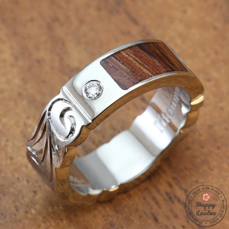 Solid geometric rings-Titanium Ring with Koa Wood Inlay Hand Engraved with Hawaiian Heritage Design - 6mm, Flat Shape, Standard Fitment