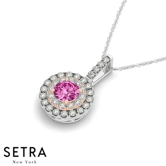 Pure diamond necklaces-Vintage 18K Rose & White Gold Round Cut Diamonds & Pink Sapphire In Double Halo Necklace