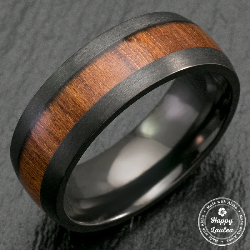 Solid gold rings-Black Zirconium Matte Finished Ring with Hawaiian Koa Wood Inlay - 8mm, Dome Shape, Comfort Fitment