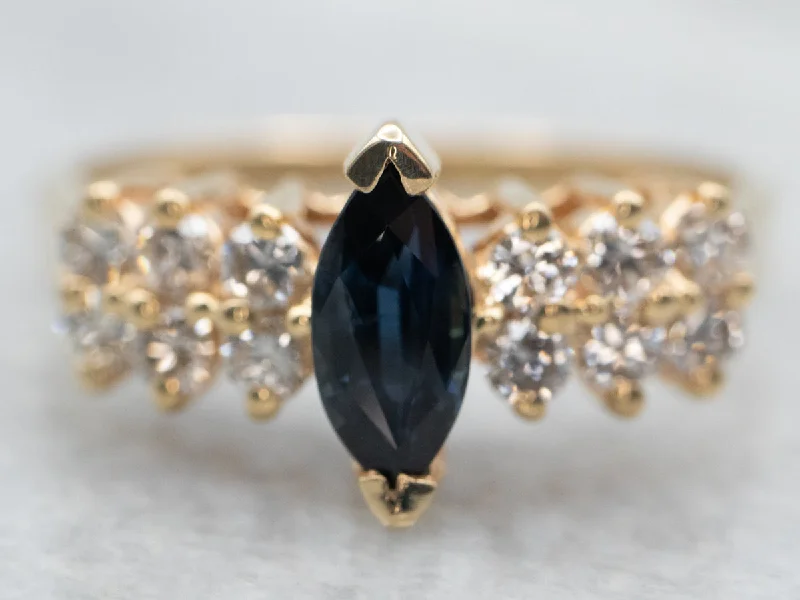 Reed style rings-Yellow Gold Marquise Cut Sapphire Ring with Diamond Accents