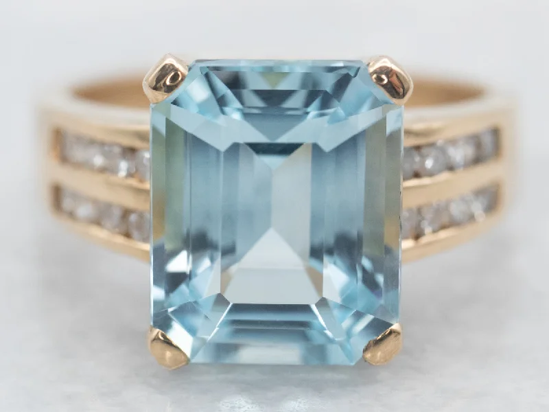 Fine heart rings-Yellow Gold Emerald Cut Blue Topaz Ring with Diamond Shoulders