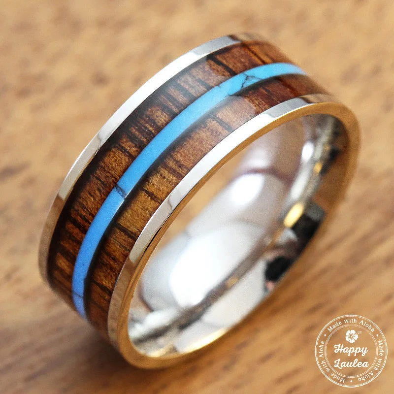 Ripple shape rings-Stainless Steel Ring with Koa Wood and Mid-Strip Turquoise Inlay - 8mm, Flat Shape, Comfort Fitment