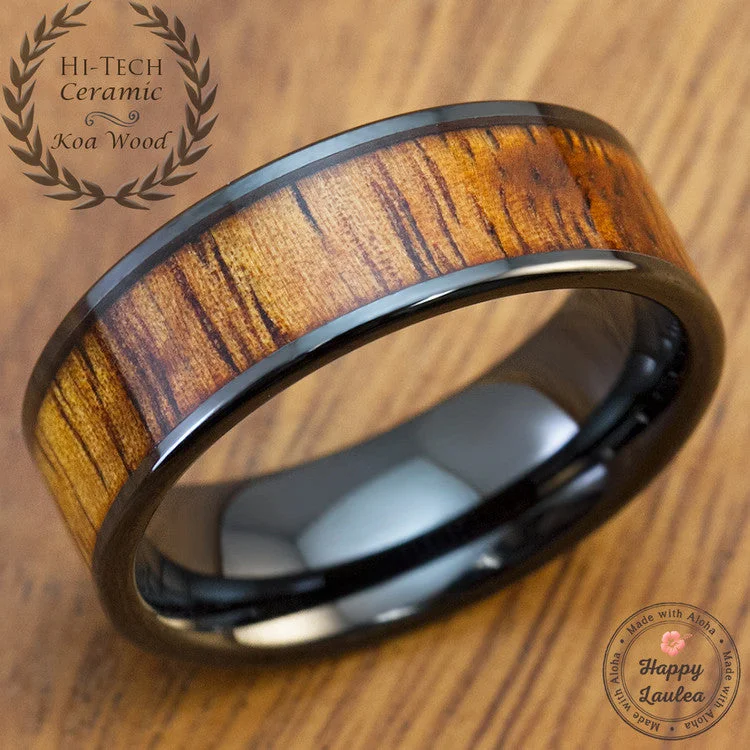 Flat letter rings-Black Titanium Ring [8mm width] Hawaiian Koa Wood