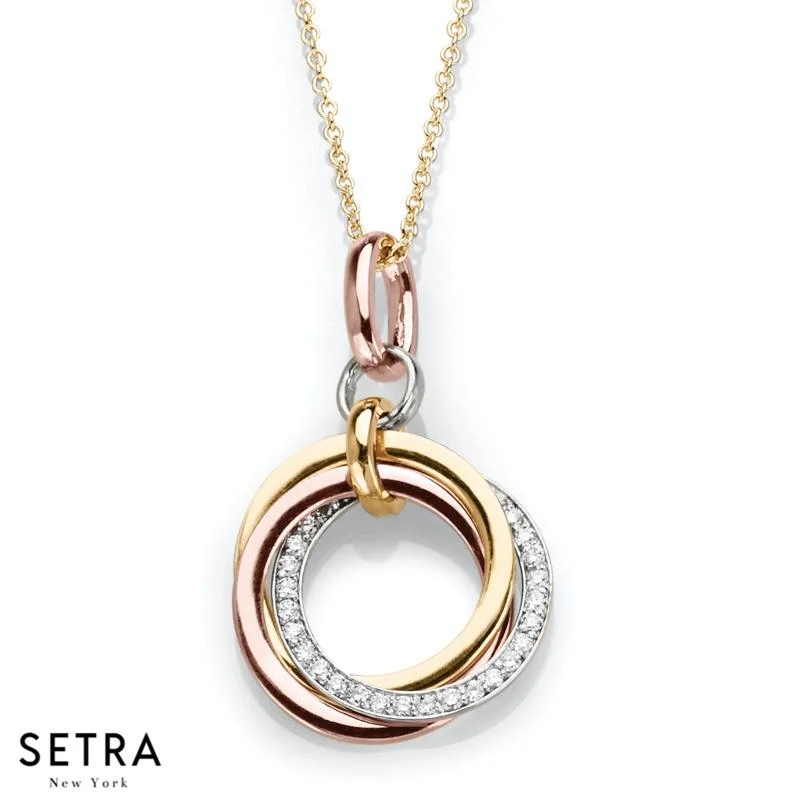 Ripple pattern necklaces-DESIGNER 14K FINE ROSE YELLOW & WHITE GOLD WITH DIAMONDS CIRCLE NECKLACE