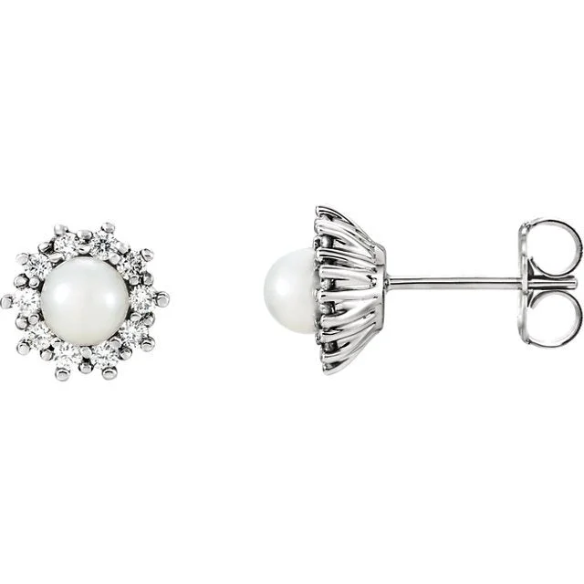 Flapper earrings-14KT WHITE GOLD PEARL & 1/4 CTW DIAMOND HALO EARRINGS