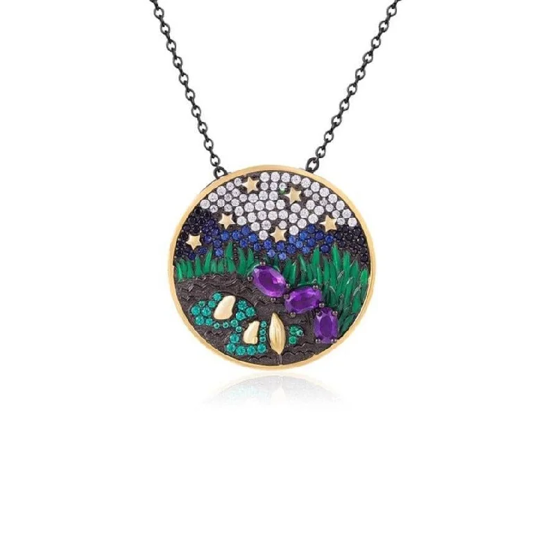 Emerald drop necklaces-Oil Painting with Natural Amethyst Necklace