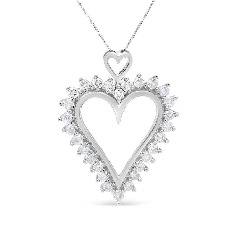 Tarnished silver necklaces-.925 Sterling Silver 1 3/4 Cttw Round Diamond Lined Open Heart Pendant 18" Necklace