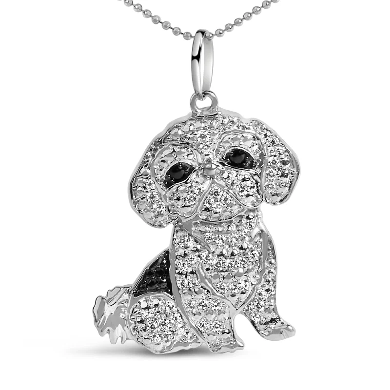 Hope eye necklaces-.925 Sterling Silver 1/2 Cttw White and Black Diamond Shih Tzu Dog 18" Pendant Necklace