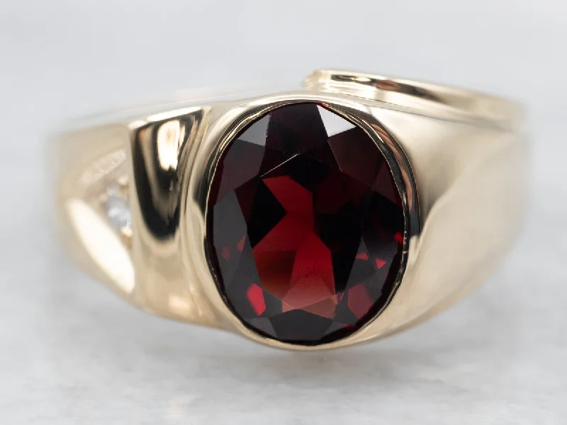 Shiny modern rings-Yellow Gold Bezel Set Oval Cut Pyrope Garnet Ring with Diamond Accent