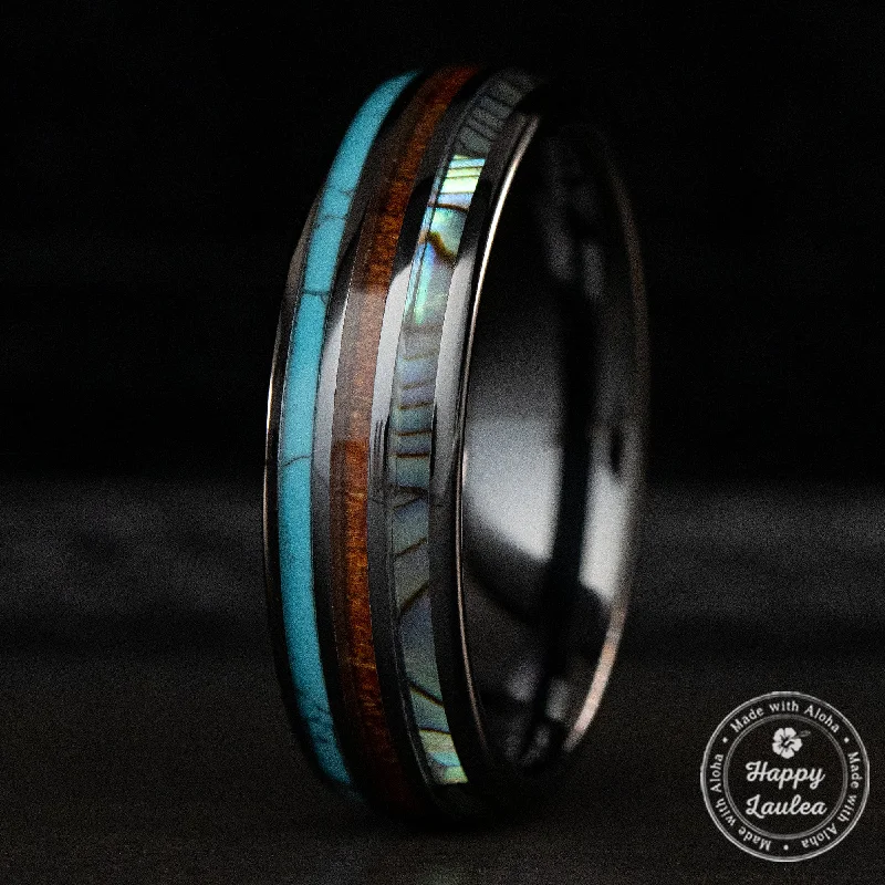 Aged deco rings-HI-TECH Black Ceramic Ring [6mm width] Turquoise, Hawaiian Koa Wood, & Abalone Shell