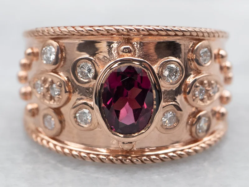 Shiny band rings-Rose Gold Bezel Set Oval Cut Rhodolite Garnet Ring with Diamond Accents