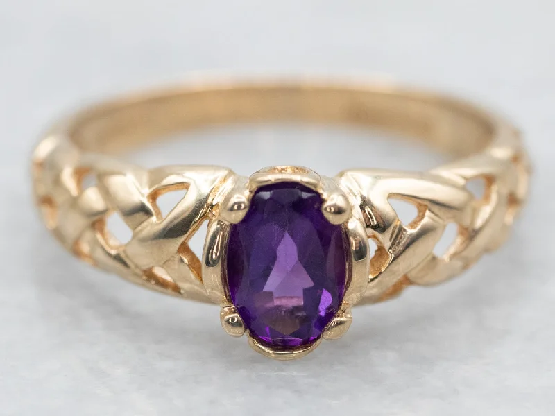 Stretch open rings-Braided Gold Amethyst Solitaire Ring