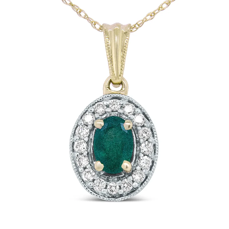 Ripple shape necklaces-14K Yellow Gold 6x4mm Emerald and 1/5 Cttw Round Diamond Halo Pendant 18" Necklace -