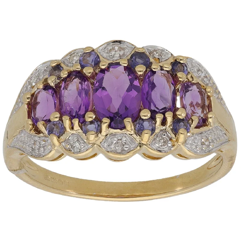 Solid cocktail rings-9ct Gold Amethyst & Iolite & 0.05ct Diamond Dress/Cocktail Ring Size N