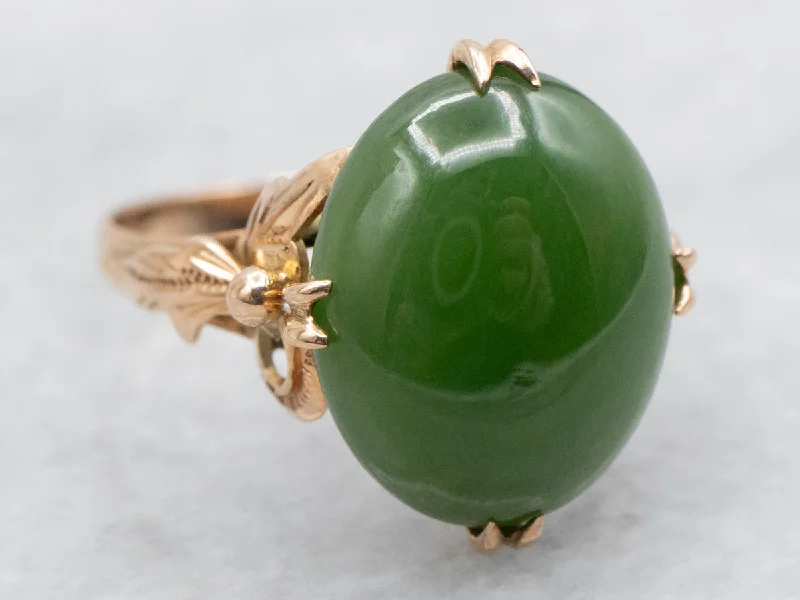 Stacked design rings-Vintage Botanical Gold Nephrite Jade Ring