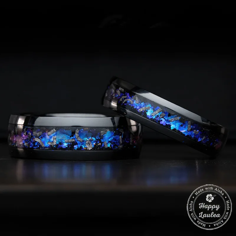 Slide band rings-Pair of Blue Fire Opal & Meteorite [6 & 8mm] Black Titanium Ring Set