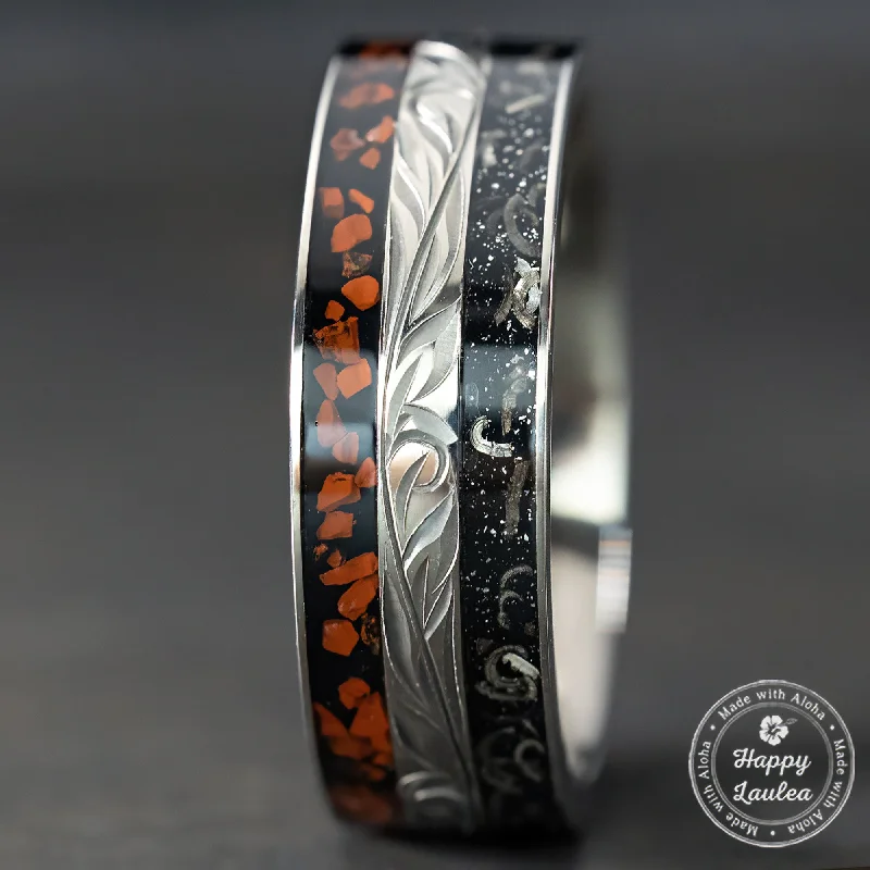 Fine wing rings-Titanium Hand Engraved Ring [8mm width] Dinosaur Bone & Meteorite Inlay - Flat Shape, Comfort Fitment