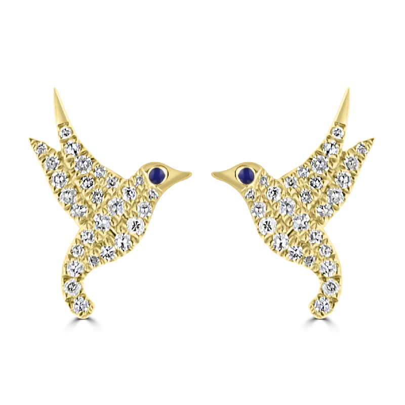 New moon earrings-14KT YELLOW GOLD 0.20CTW DIAMOND HUMMINGBIRD STUD EARRINGS