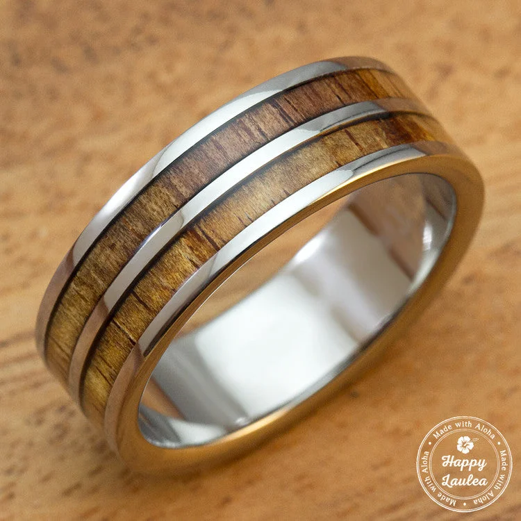 Ocean theme rings-Titanium Ring with Hawaiian Koa Wood Duo Inlay [8mm width]  Flat Shape, Standard Fitment