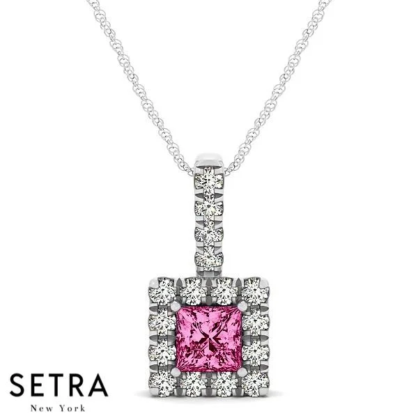 Pure shine necklaces-18K Gold Round Cut Diamonds & Princess Cut Pink Sapphire In Halo Necklace