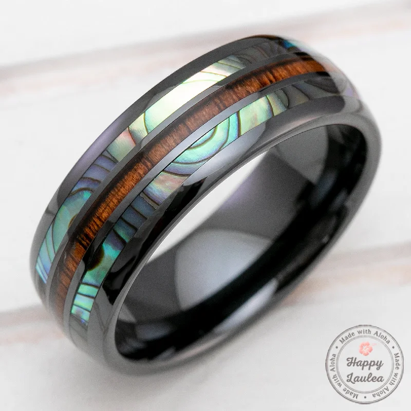 Fine stack rings-HI-TECH Black Ceramic Rings with Abalone Shell & Koa Wood Tri-Inlay (Shell-Wood-Shell) - 8mm, Dome Shape, Comfort Fitment