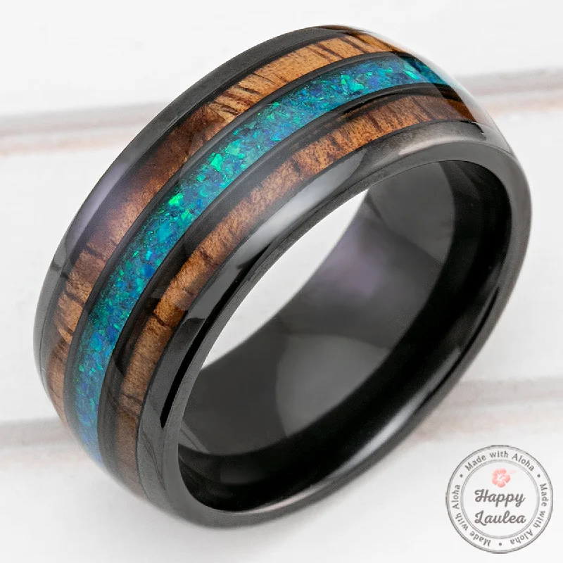 Shadow gothic rings-Black Zirconium 10mm Ring with Azure Blue Opal & Hawaiian Koa Wood Tri-Inlay - Dome Shape, Comfort Fitment