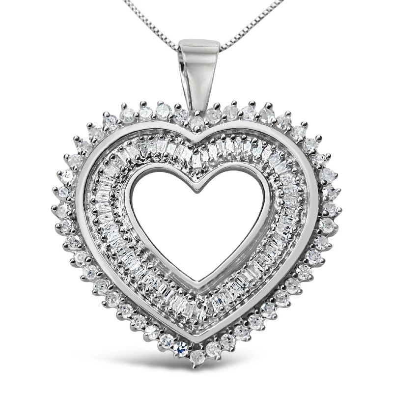 Angel wing necklaces-.925 Sterling Silver 1.0 Cttw Baguette and Round Diamond  Heart Pendant 18" Necklace