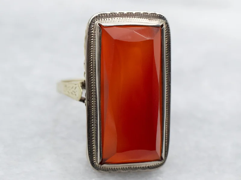 Owl feather rings-Yellow Gold Bezel Set Rectangle Cut Carnelian Solitaire Ring