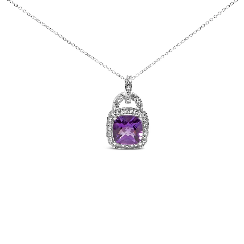 Square pendant necklaces-.925 Sterling Silver 10X10 MM Cushion Purple Amethyst and Diamond Accent Halo 18" Pendant Necklace