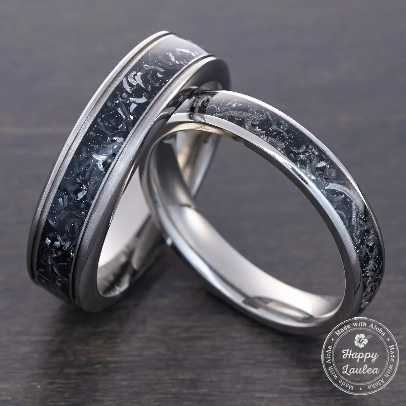 Sleek form rings-Pair of Titanium Rings [4&6mm widths] Meteorite