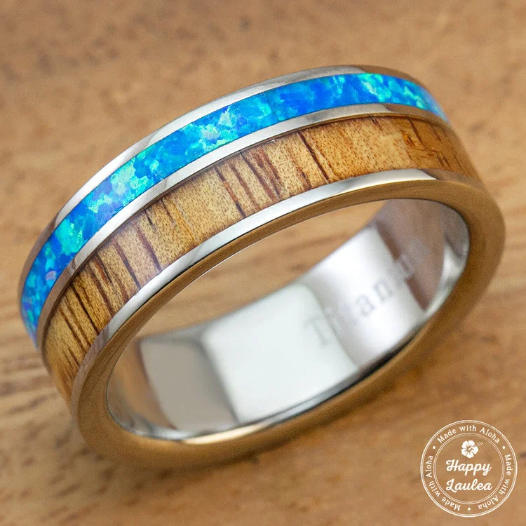 Fine stack rings-Titanium Wedding Ring with Hawaiian Koa Wood and Opal Offset Inlay