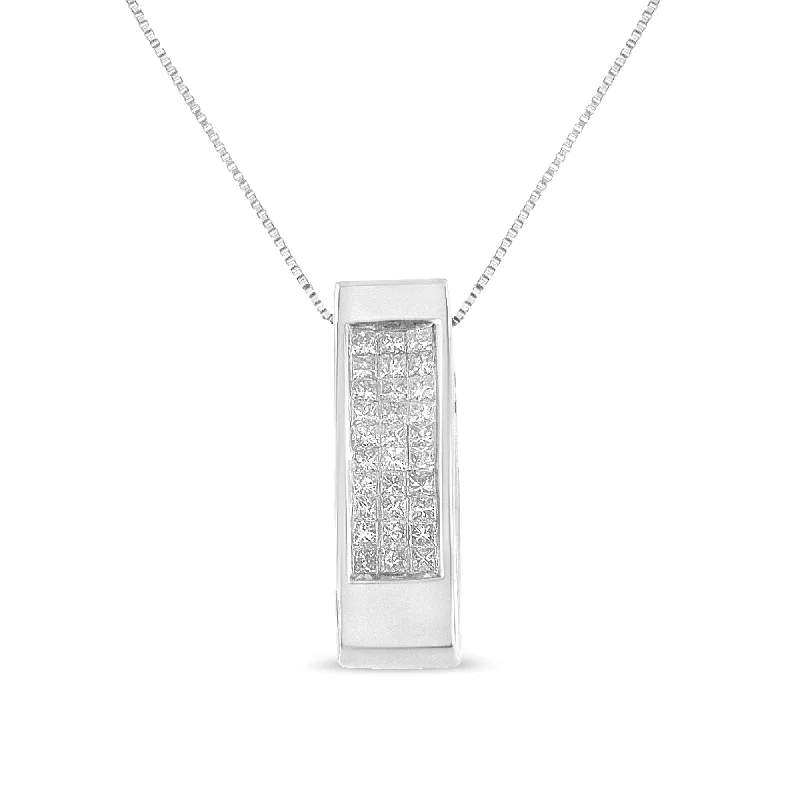 Bright gem necklaces-14K Gold 1/2 Cttw Invisible Set Princess Cut Diamond Vertical Bar Block Pendant 18" Necklace