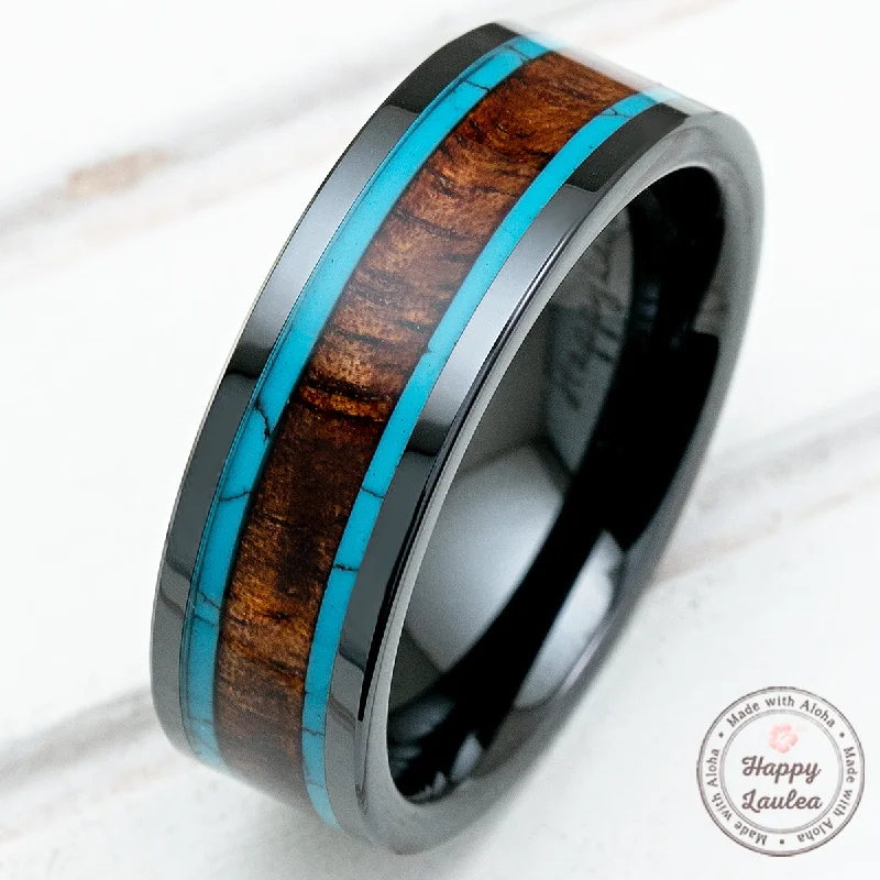 Sleek design rings-HI-TECH Black Ceramic Ring with Hawaiian Koa Wood and Turquoise Tri-Inlay - 8mm, Flat Shape, Comfort Fitment