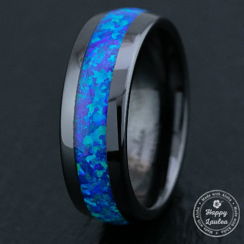 Topaz cut rings-Black Hi-Tech Ceramic Ring with Blue Opal Inlay - 8mm, Dome Shape, Comfort Fitment