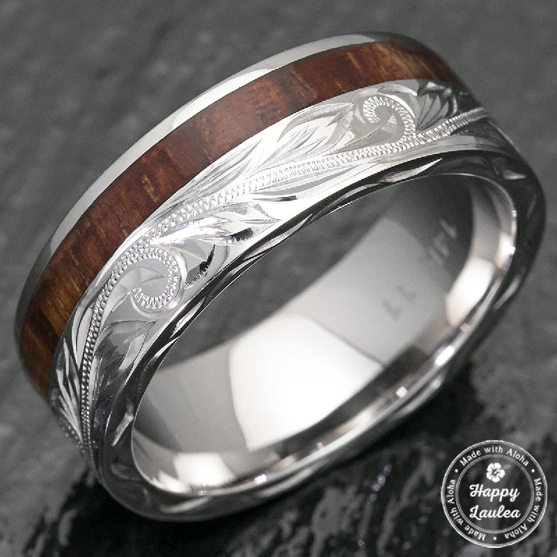 Glossy name rings-14K White Gold Hawaiian Jewelry Ring with Offset Koa Wood Inlay - 8mm, Flat Shape, Standard Fitment