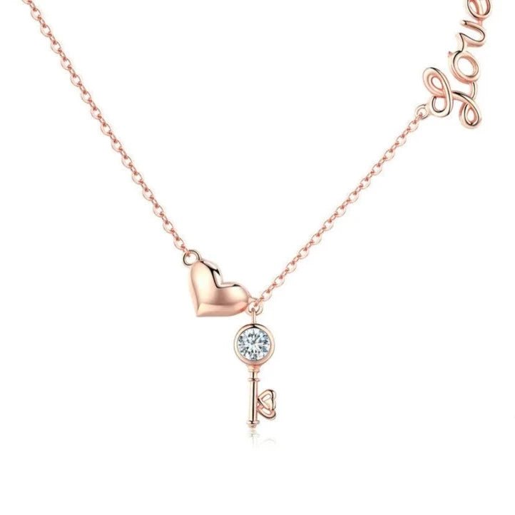 Clear crystal necklaces-Key of Heart Rose Gold Necklace with Created Diamond