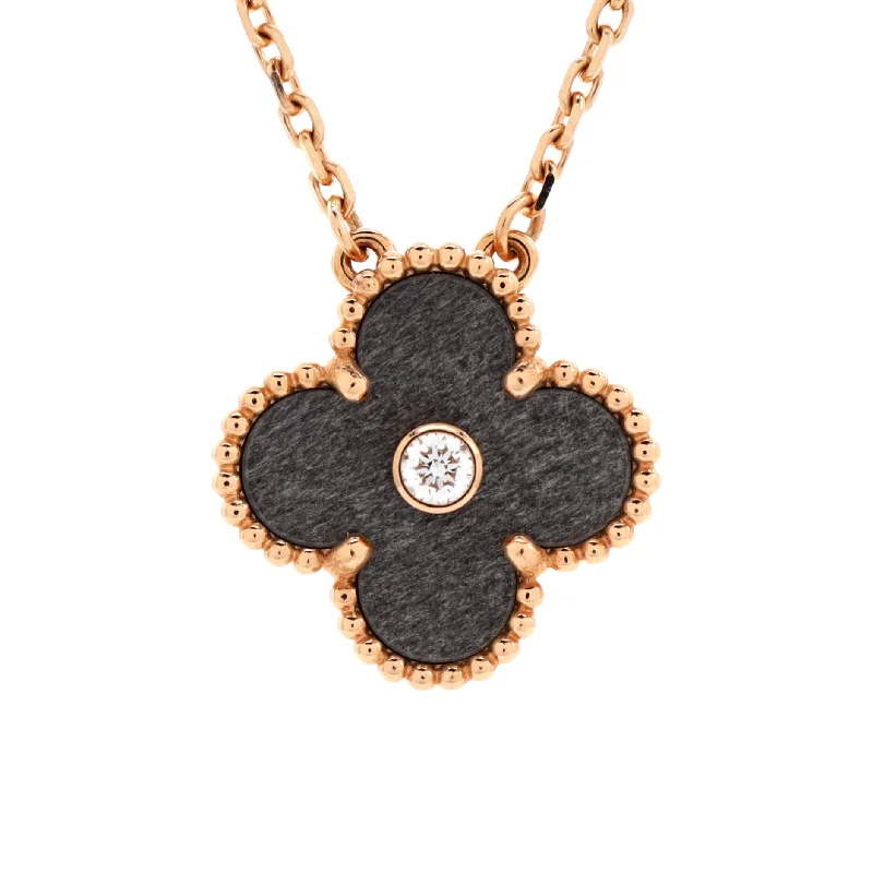 Wrap-style necklaces-Vintage Alhambra Pendant Necklace 18K Rose Gold and Silver Obsidian with Diamond