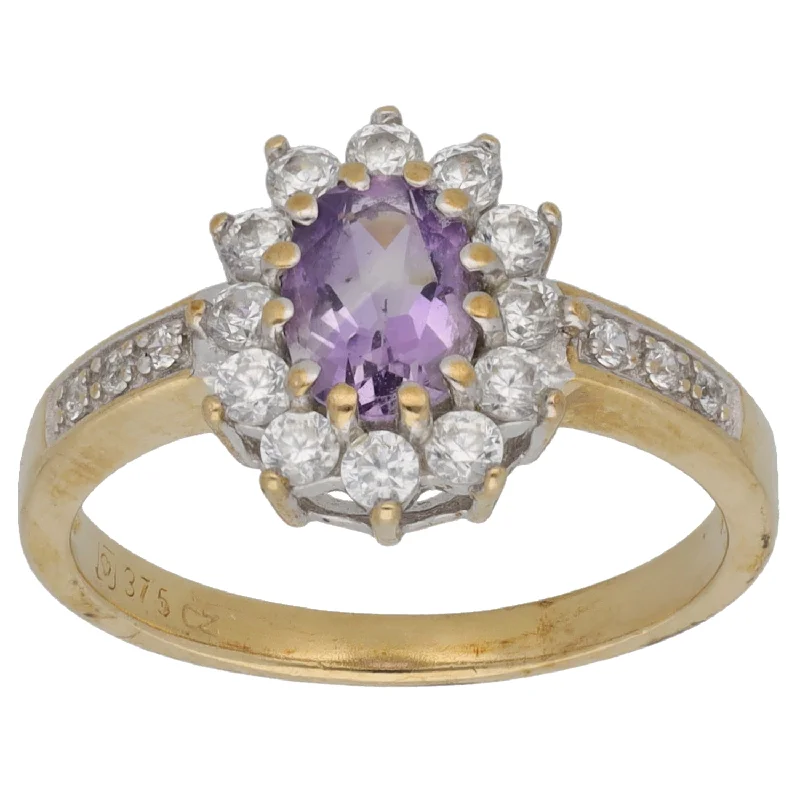 Pure shine rings-9ct Gold Amethyst & Cubic Zirconia Cluster Ring Size L