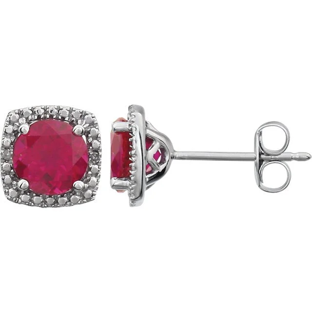 Broad hoop earrings-STERLING SILVER 2.40 CTW CREATED RUBY & .015 CTW DIAMOND HALO EARRINGS