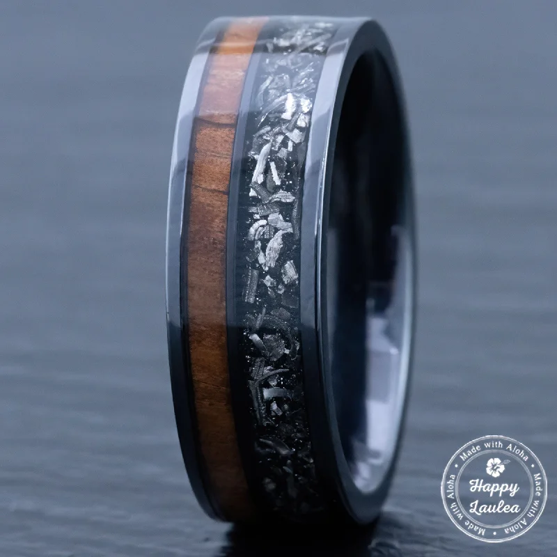 Coil band rings-Black Titanium Ring 'Noho ʻana - Way of Life' [7mm width] Gibeon Meteorite & Hawaiian Koa Wood