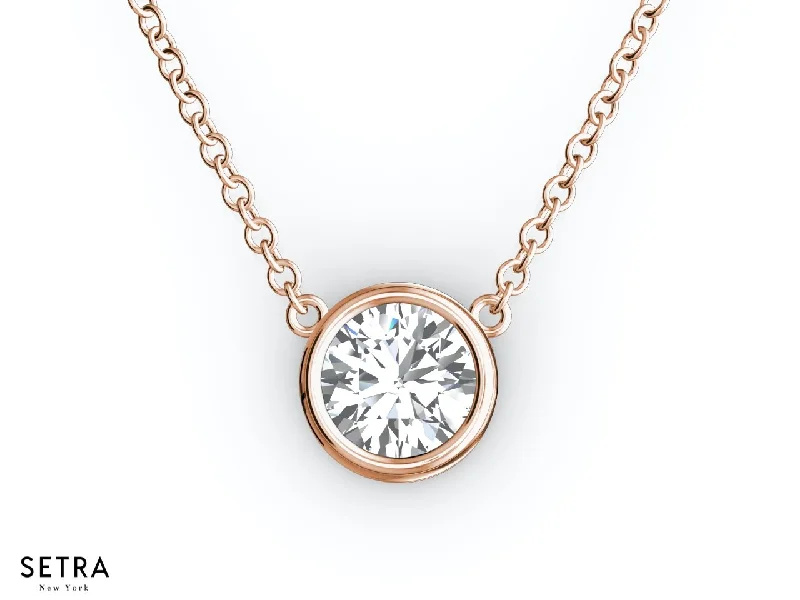 Ripple pattern necklaces-10K ROSE GOLD PENDENTS / NECKLACE SOLITAIRE BEZEL SETTING