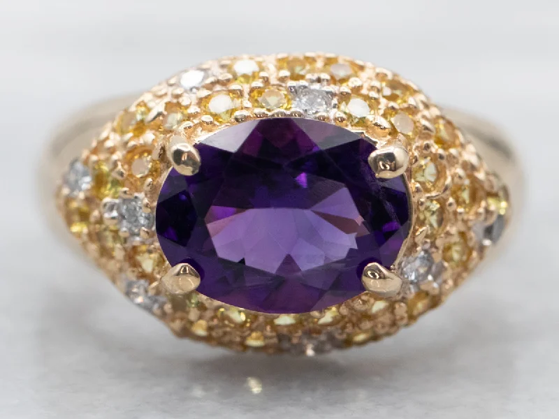 Sleek clasp rings-Yellow Gold East West Oval Cut Amethyst Ring with Diamond and Yellow Sapphire Accents