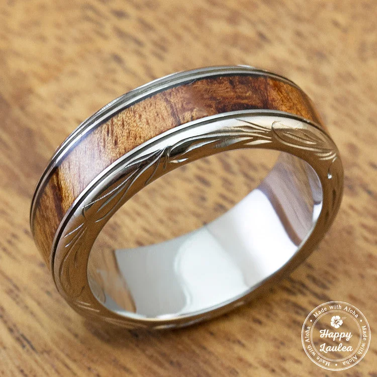 Aged flair rings-Titanium Ring with Koa Wood Inlay Hand Engraved with Hawaiian Heritage Design - 8mm, Dome Shape, Standard Fitment