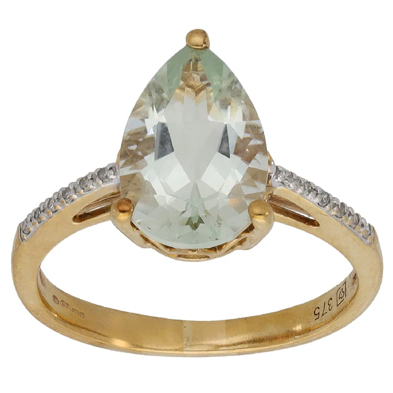 Tulip rings-9ct Gold Green Quartz & 0.06ct Diamond Single Stone Ring with Accent Stones Size O