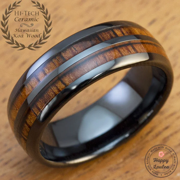 Stretch open rings-HI-TECH Black Ceramic Ring with Koa Wood Duo Inlay - 8mm, Dome Shape, Comfort Fitment