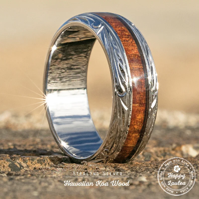 Lapis inlay rings-Sterling Silver Ring Hand Engraved Hawaiian Jewelry Ring [8mm width] Koa Wood Inlay