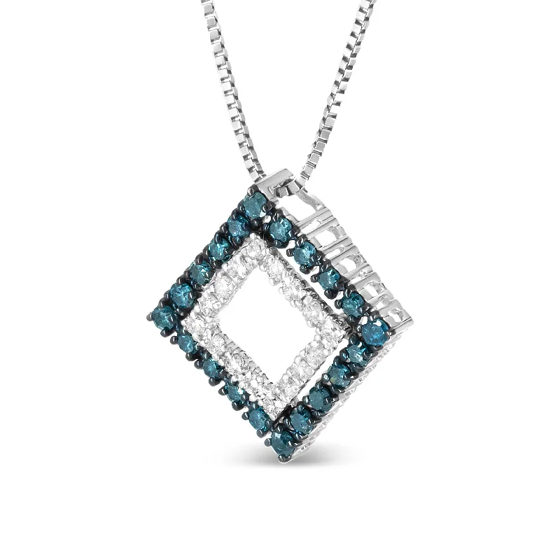 Thin wire necklaces-.925 Sterling Silver 1/2 Cttw Treated Blue and White Diamond Double Rhombus 18" Pendant Necklace