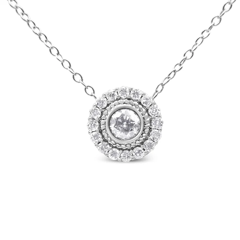 Thread fringe necklaces-.925 Sterling Silver 1/2 Cttw Round Diamond Halo Circle Pendant 18" Necklace